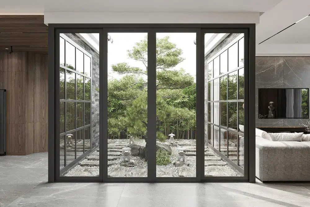 Large black-framed sliding glass doors facing garden.