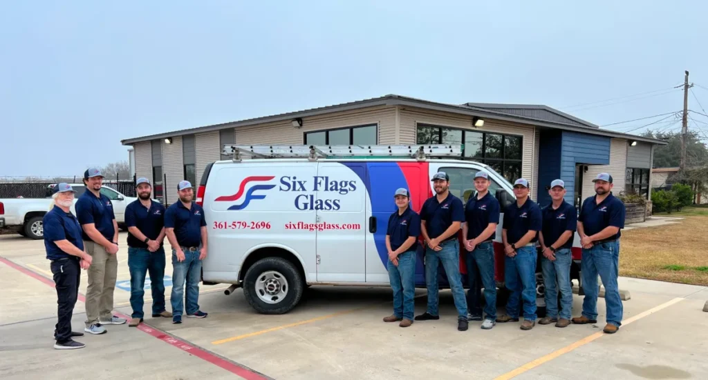 Auto glass team, Six Flags Glass, standing in front of their branded truck.