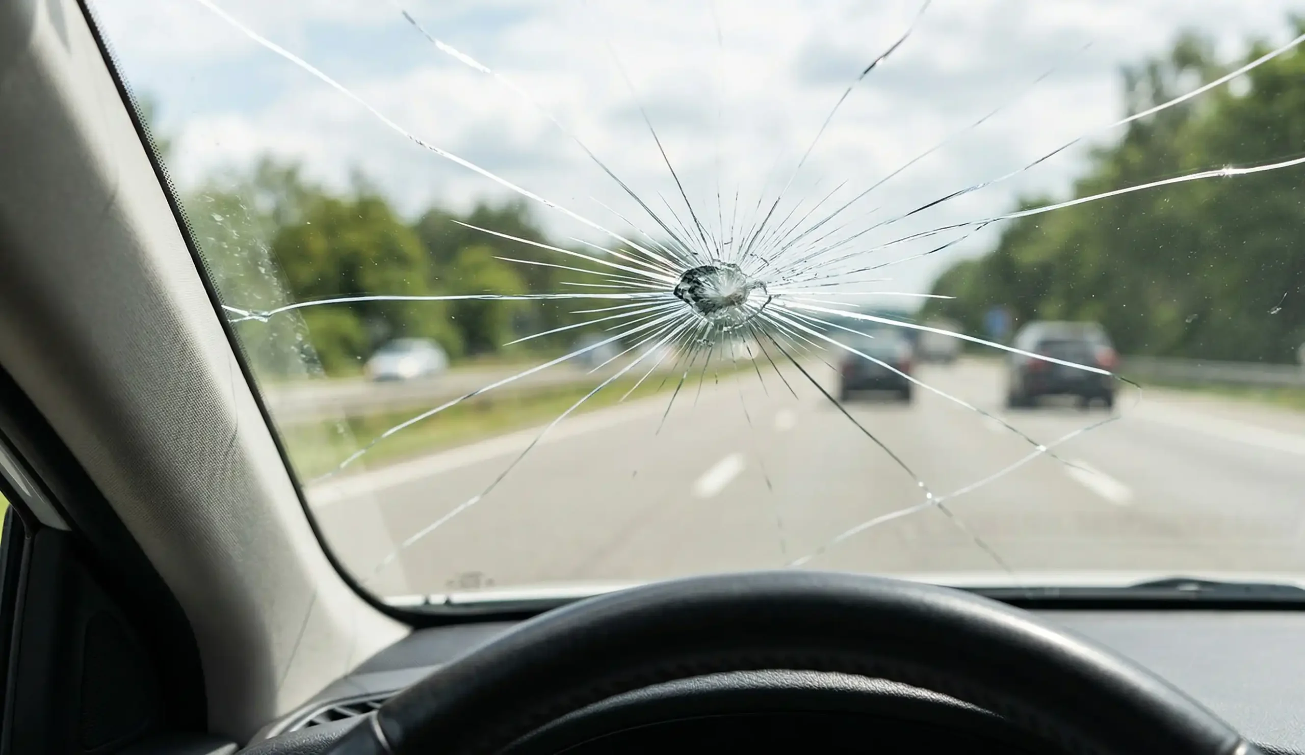 When Can a Windshield Be Repaired vs. Replaced? The Size and Location Guide 1 Cracked windshield blocking driver's view before repair or replacement